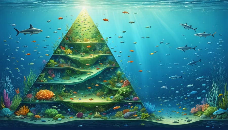 Illustration of a marine biomass pyramid depicting various trophic levels, from tiny phytoplankton at the base to apex predators like whales and sharks at the top, showcasing ocean energy flow and biodiversity.