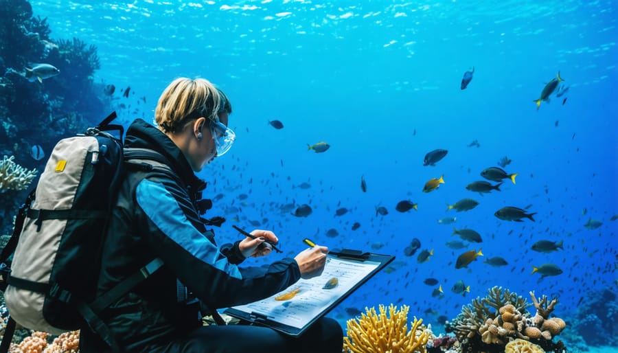Researcher observing fish behavior through underwater testing apparatus on a coral reef
