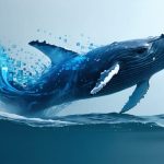 Artistic portrayal of a humpback whale breaching the ocean surface with stylized sound waves emanating through the water, illustrating marine communication.