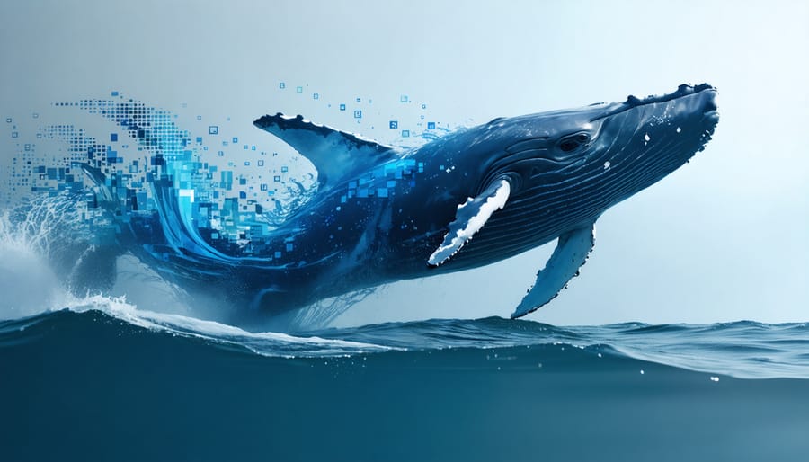 Artistic portrayal of a humpback whale breaching the ocean surface with stylized sound waves emanating through the water, illustrating marine communication.