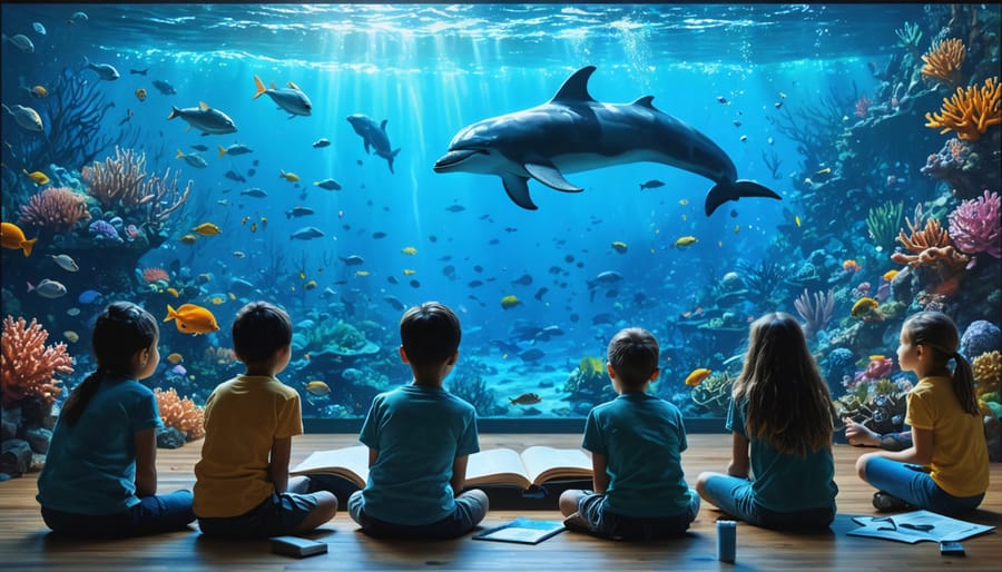 A diverse group of participants engaged in a storytelling workshop, with marine life and ecosystems coming alive from their stories, symbolizing the transformative power of storytelling in marine conservation.