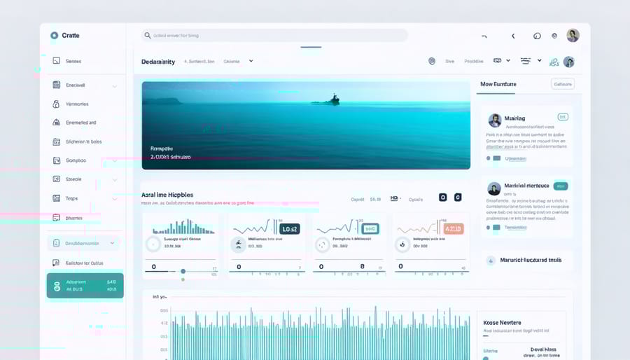 Computer dashboard displaying marine sensor data, including temperature, salinity, and marine life detection