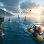 A view from a coastal cliff showcasing active marine monitoring technologies, including buoys and underwater vehicles, under a vibrant sunrise, symbolizing the ongoing efforts to protect ocean health.
