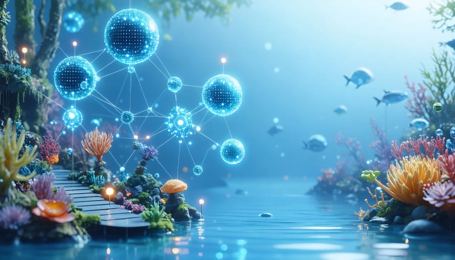 Underwater view of distributed nanosensor network monitoring ocean pollution
