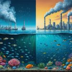 Conceptual illustration showing the stark contrast between a thriving marine environment and a polluted one, highlighting the impact of microplastics, chemicals, and industrial waste on ocean ecosystems.