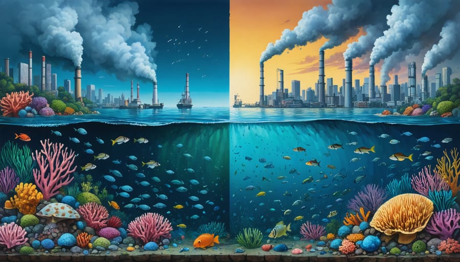 Conceptual illustration showing the stark contrast between a thriving marine environment and a polluted one, highlighting the impact of microplastics, chemicals, and industrial waste on ocean ecosystems.