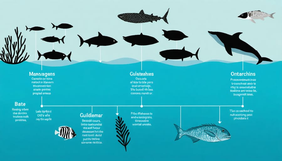 Illustrated diagram comparing social hierarchies across different marine species including dolphins, reef fish, and hunting groups