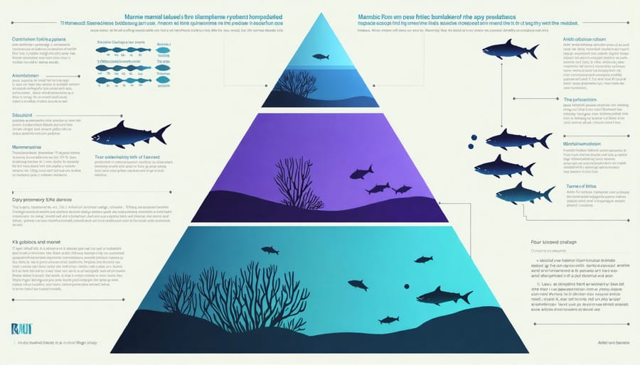 Triangular diagram showing marine food chain levels with producers at bottom and consumers ascending