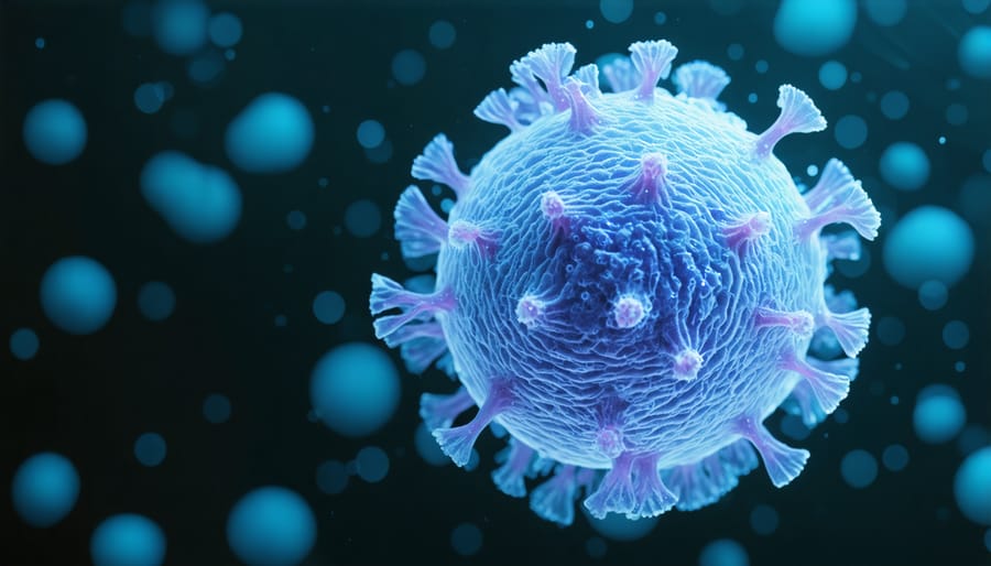 Microscopic image showing viral particles in diseased coral tissue