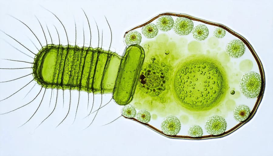 Colorful microscope view of different microalgae species showing cellular details