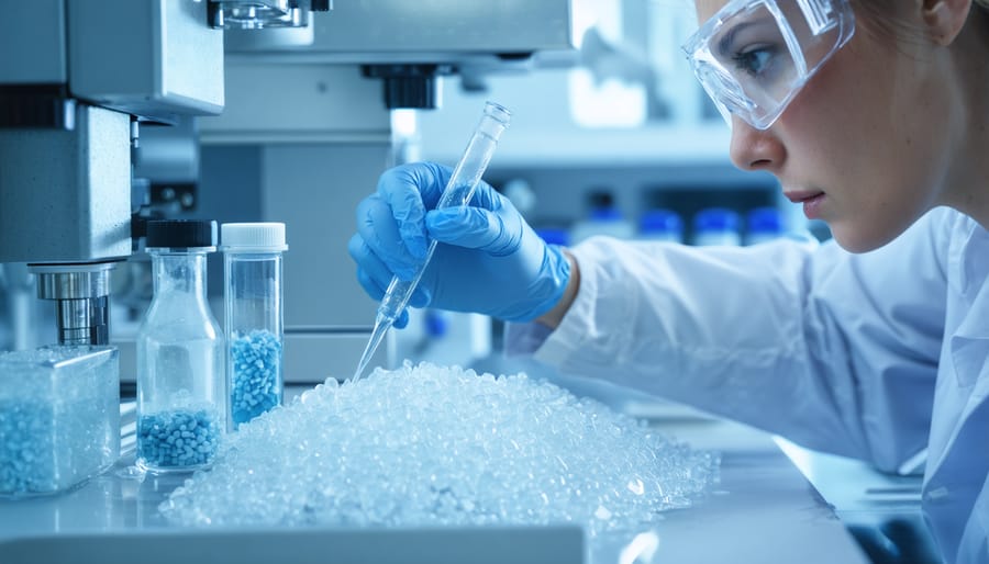 Researcher in lab coat using specialized equipment to analyze marine microplastic samples