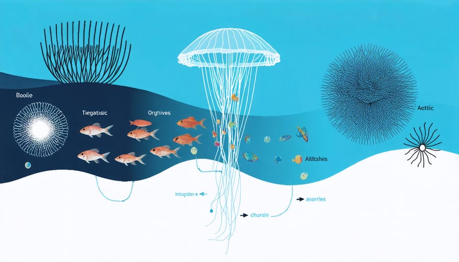 Diagram illustrating how nanotech materials interact with different marine life forms