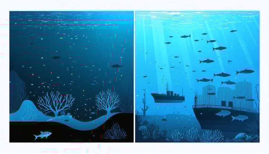 Comparative illustration of whale communication patterns in quiet versus noise-polluted waters