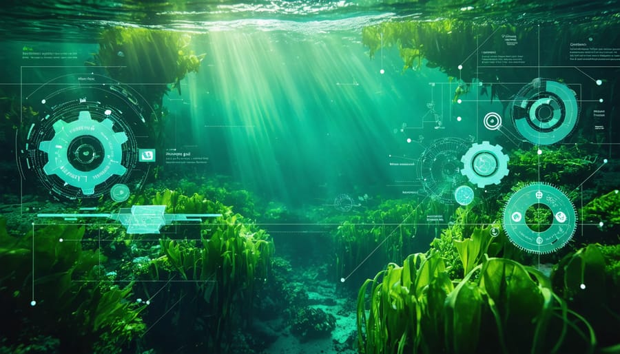 Conceptual depiction of dense kelp forests and networks of microscopic algae beneath the ocean surface, accompanied by symbols of gears and cogs to represent marine renewable energy potential.