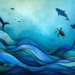 Conceptual artwork showing the global ocean currents with vibrant swirling lines, integrating silhouettes of marine species like whales, sea turtles, and plankton. The image represents ocean currents as life-sustaining pathways, with subtle elements of human impact highlighting environmental challenges.