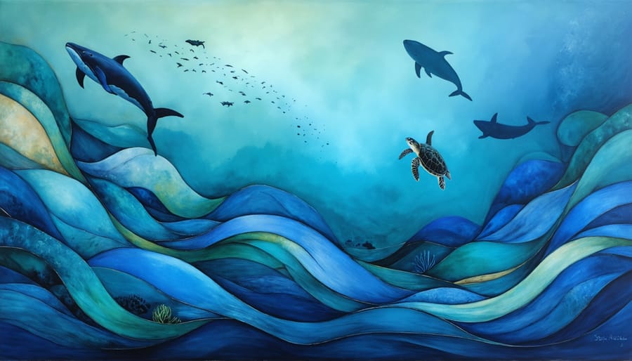 Conceptual artwork showing the global ocean currents with vibrant swirling lines, integrating silhouettes of marine species like whales, sea turtles, and plankton. The image represents ocean currents as life-sustaining pathways, with subtle elements of human impact highlighting environmental challenges.