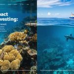 A split-screen image showing the transformation from a polluted, barren ocean to a thriving coral reef with diverse marine life, illustrating the potential impact of ocean investments.