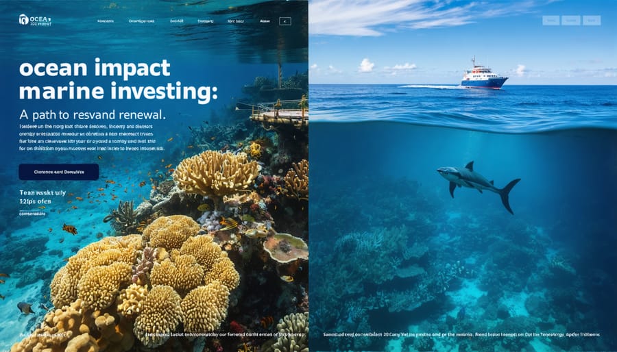 A split-screen image showing the transformation from a polluted, barren ocean to a thriving coral reef with diverse marine life, illustrating the potential impact of ocean investments.