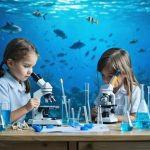 Students in a classroom setting using marine biology kits with microscopes, water testing equipment, and marine life models, surrounded by educational posters depicting marine ecosystems.