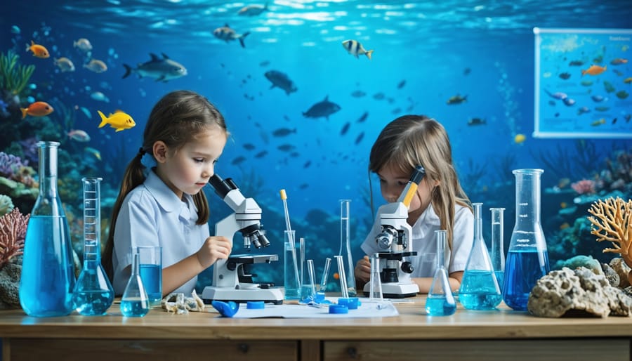 Students in a classroom setting using marine biology kits with microscopes, water testing equipment, and marine life models, surrounded by educational posters depicting marine ecosystems.