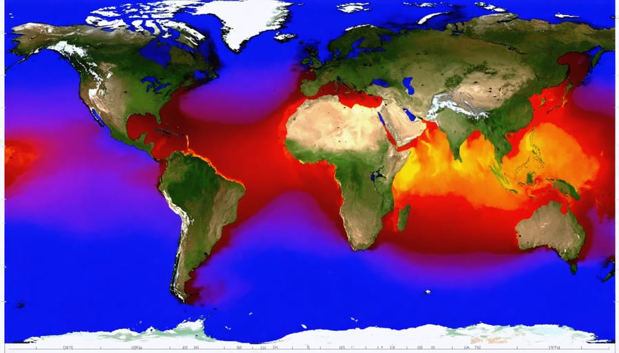 Global heat map showing sea surface temperature anomalies with color gradient indicating temperature variations