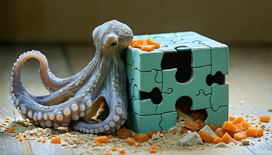 Octopus manipulating a clear puzzle box with multiple latches to access food inside