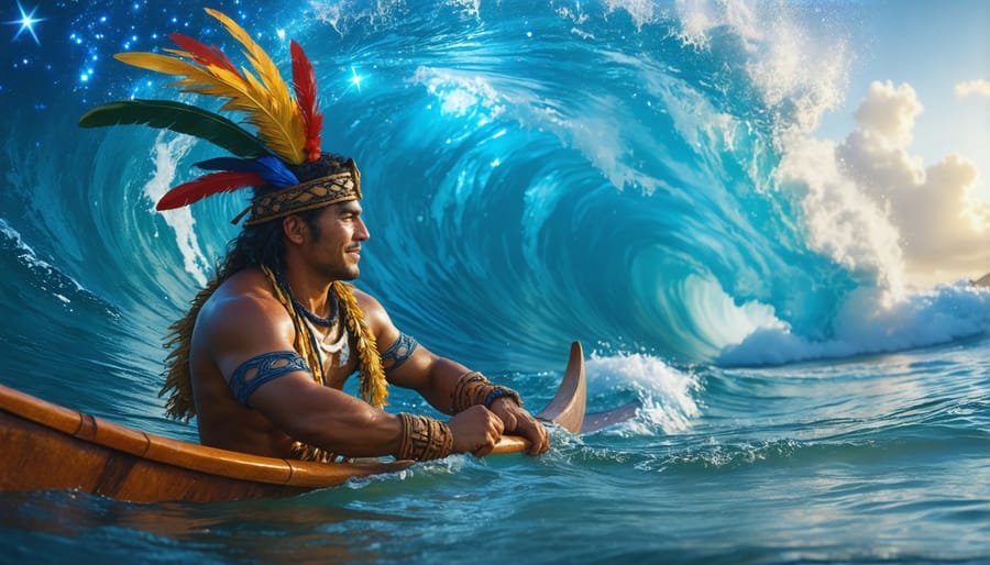 Indigenous Polynesian wayfinder reading ocean patterns from traditional double-hulled canoe