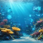An inspiring scene of a flourishing coral reef with diverse marine life, showcasing futuristic technology and digital network connections for effective disease management.