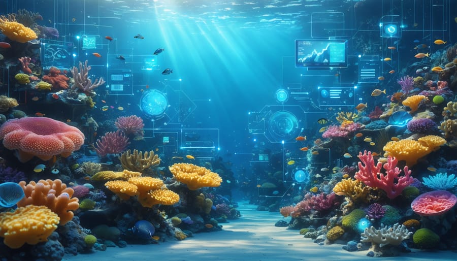 An inspiring scene of a flourishing coral reef with diverse marine life, showcasing futuristic technology and digital network connections for effective disease management.