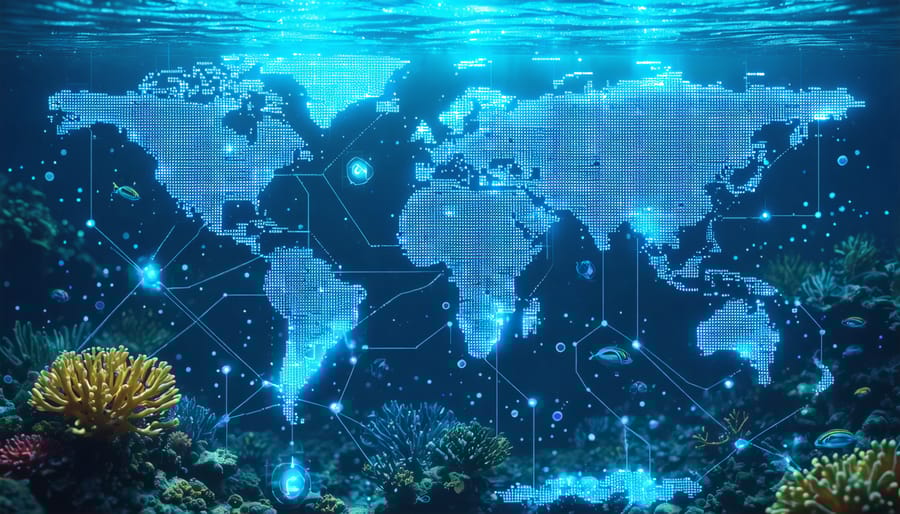 Conceptual illustration showing the use of R spatial analysis tools for marine ecosystem conservation, featuring an overlay of digital maps and marine elements like coral reefs and ocean currents.