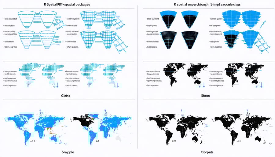 Side-by-side comparison of spatial analysis code using sf, sp, and raster packages with their corresponding map outputs