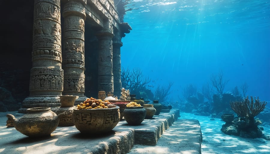 Sacred underwater cultural site with traditional ceremonial markers and marine life