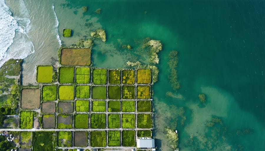 Aerial photograph of organized seaweed cultivation arrays in blue ocean waters