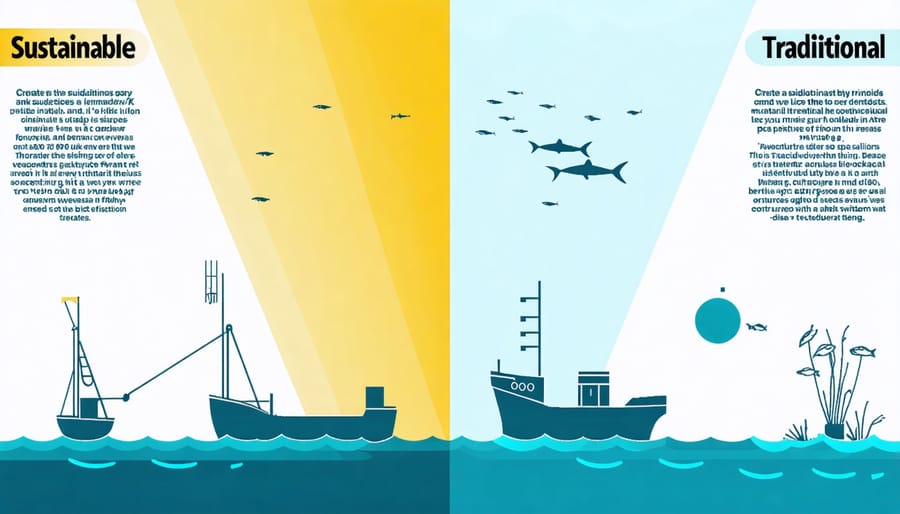 Comparison diagram of sustainable and traditional fishing methods showing environmental impact