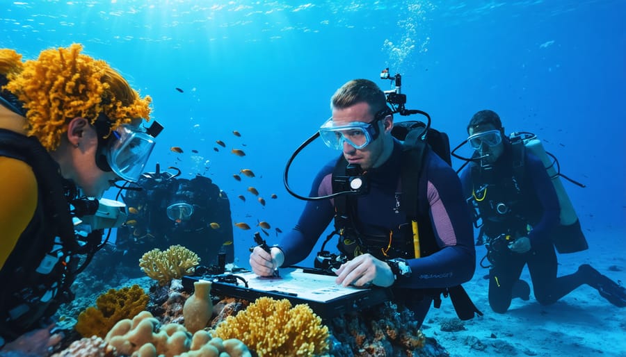 Scientist and indigenous fishermen sharing knowledge about coral reef ecosystems
