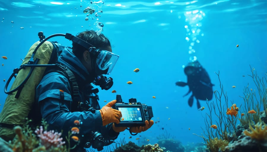 Marine biologists deploying underwater sensors for disease detection