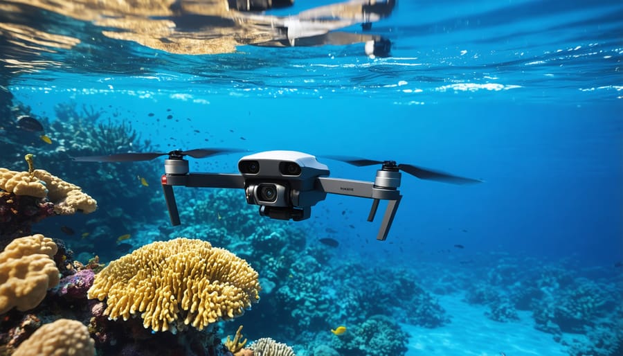 Autonomous underwater vehicle surveying marine life near a vibrant coral reef