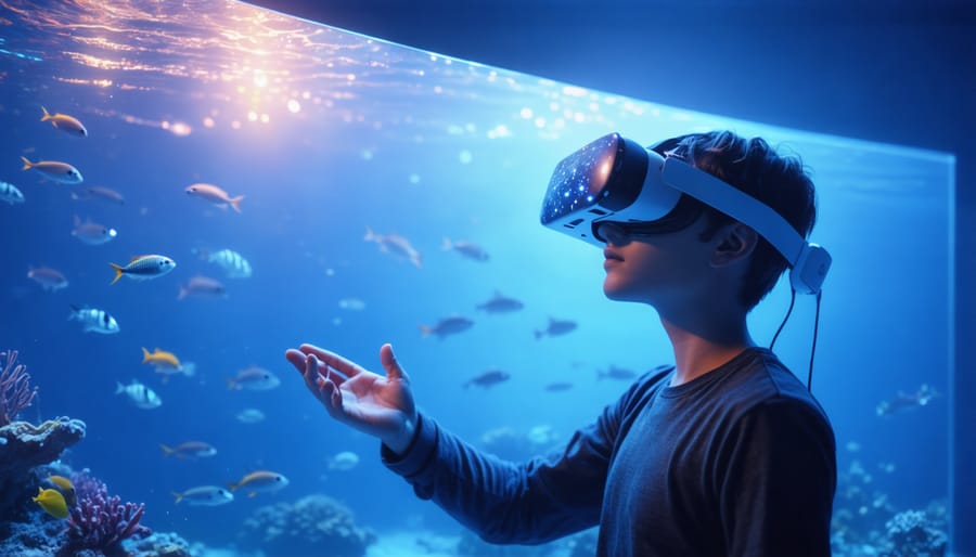 Individual using VR headset to explore virtual marine environment with 3D projections of sea life