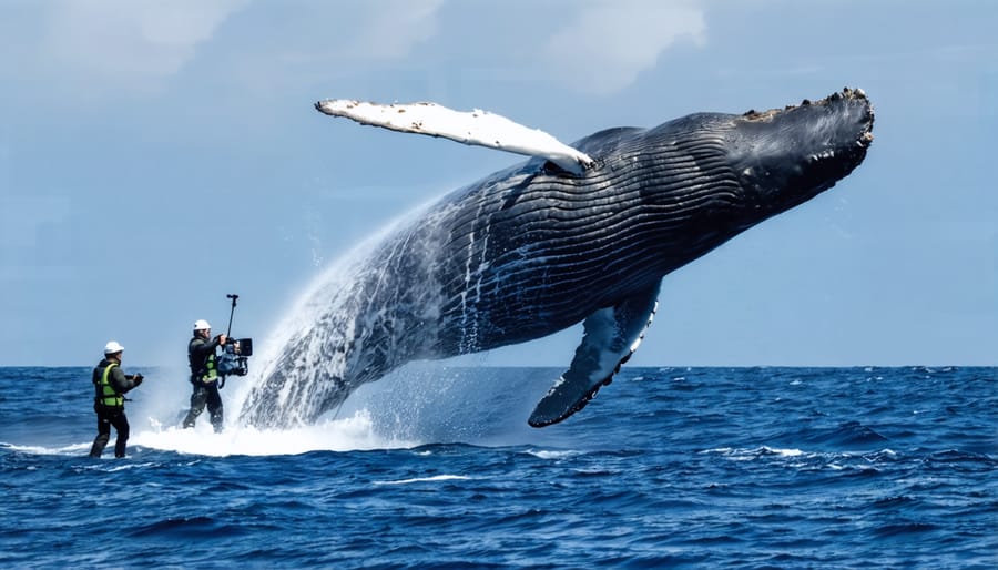 Humpback whale leaping from water while research vessel conducts acoustic monitoring