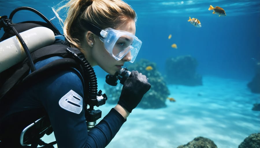 Woman marine biologist in diving gear collecting data on coral reef health