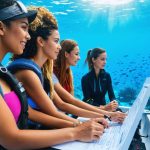 A group of ethnically diverse women aboard a research boat, engaged in marine conservation work, overlooking the ocean with visible coral reefs and marine life.