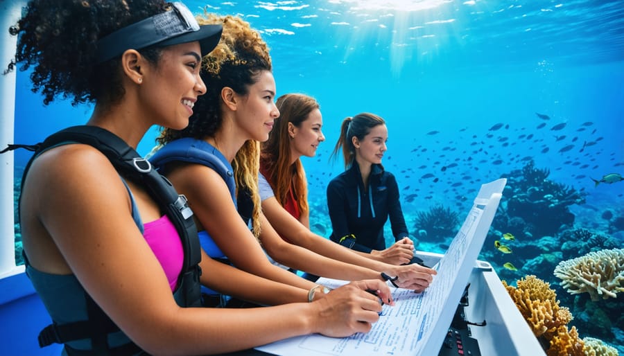 A group of ethnically diverse women aboard a research boat, engaged in marine conservation work, overlooking the ocean with visible coral reefs and marine life.