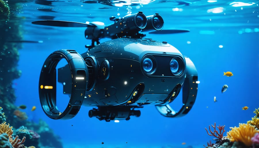 Underwater robot with sensors monitoring coral reef ecosystem with tropical fish