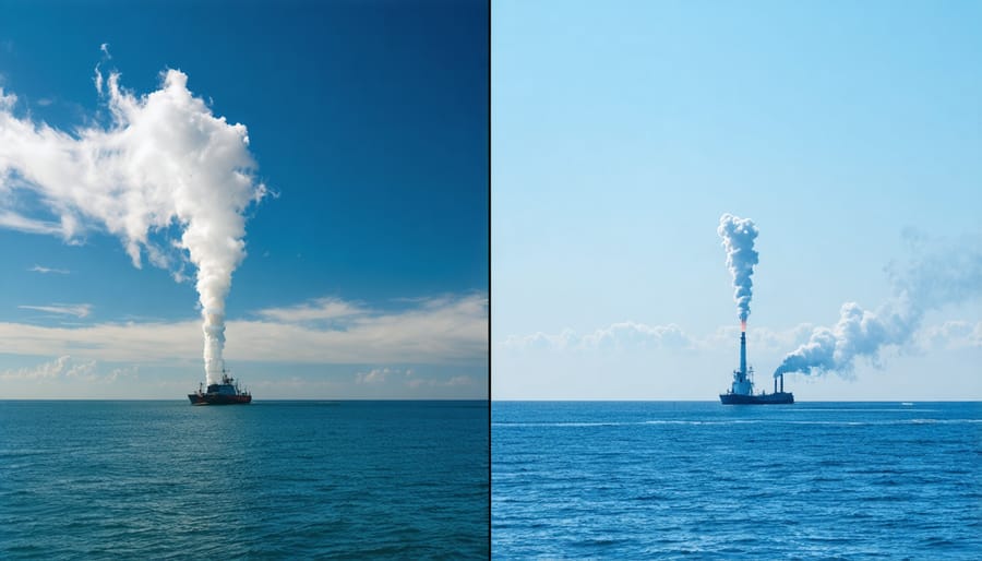 Comparison of clean versus polluted air over ocean surfaces, demonstrating atmospheric impact on marine environments
