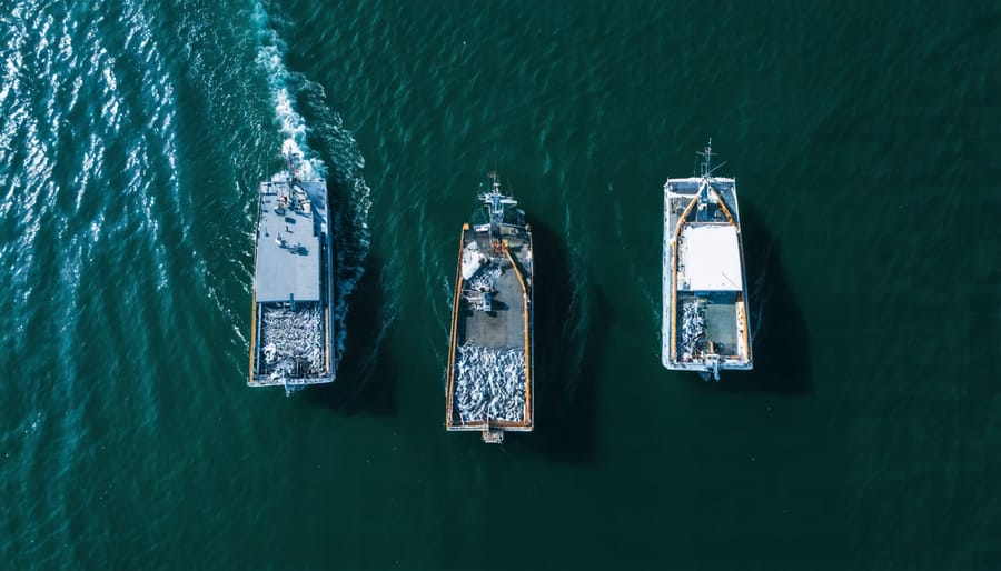 Birds-eye view of multiple fishing vessels in the Alaskan waters following sustainable fishing practices