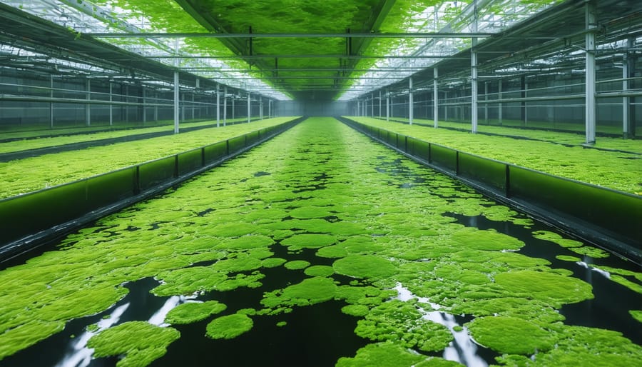 Aerial view of industrial marine algae farming installation with cultivation ponds and processing equipment