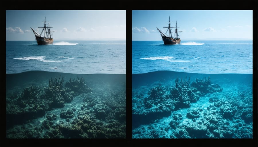 Contrasting images of a ship's anchor providing safety in stormy waters and damaged coral reef from anchor impact