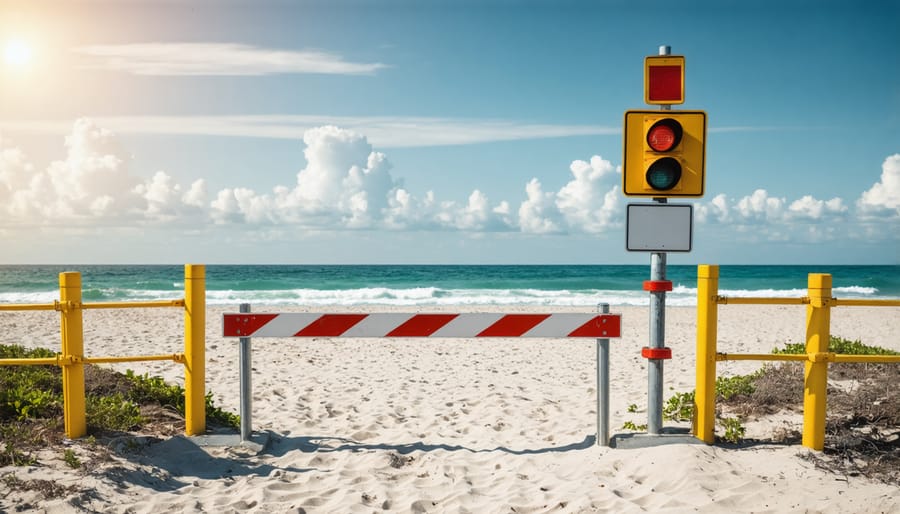 Safety perimeter with warning flags, closure signs, and distance markers around stranding site