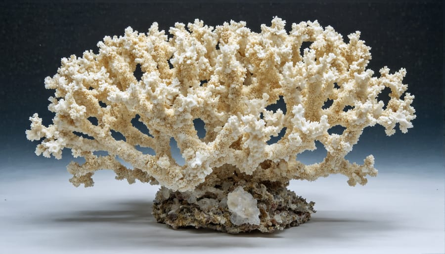 Bleached white coral reef entangled with plastic debris underwater