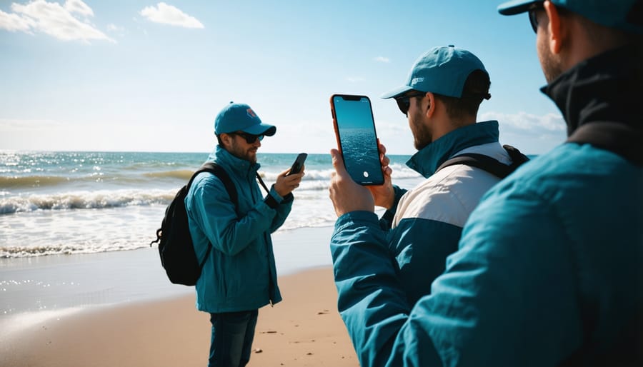 Group of volunteer scientists using smartphones and tablets to document marine observations